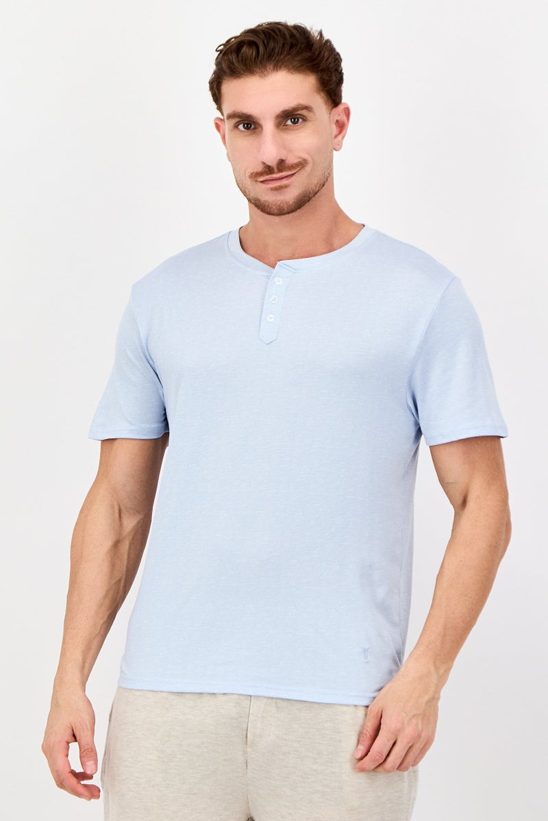 Frye Men Henley Neck Short Sleeve Plain T-shirt, Blue - Image 1